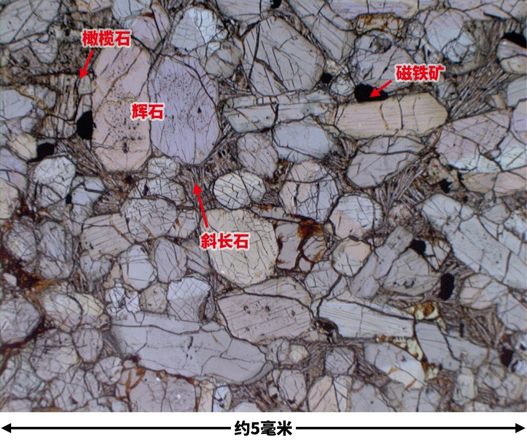 光学显微镜下的Yamato 000593火星陨石切片。其内部的橄榄石已部分蚀变并伴有粘土矿物，成为火星表层曾存在水的证据