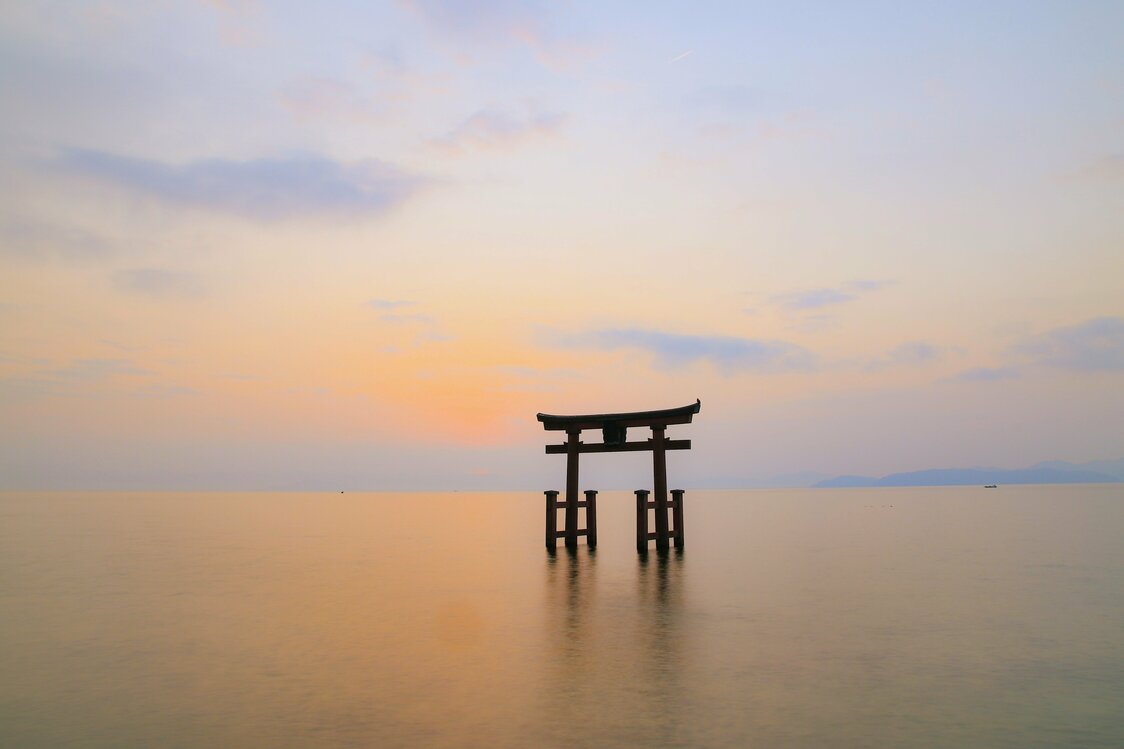湖中有一座朱漆大鸟居，白须神社的殿堂立在隔着国道161号线的另一边（图片：滋贺县）