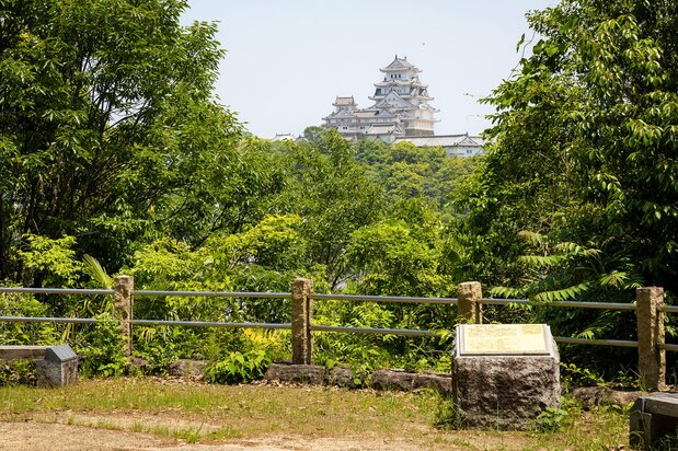 Himeji Castle framed in the lush foliage of Keifukuji Park.