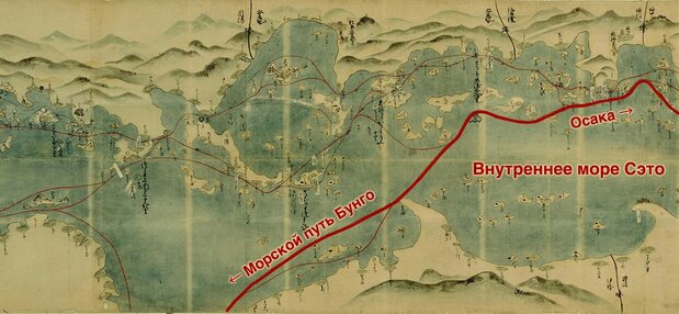 «Карта морских дорог западных земель» (копия), созданная в ранний период Эдо. Жирная линия показывает морской путь, который, вероятно, использовался княжеством Кумамото (коллекция Национальной парламентской библиотеки)