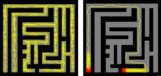 粘菌が迷路を解くイメージ図