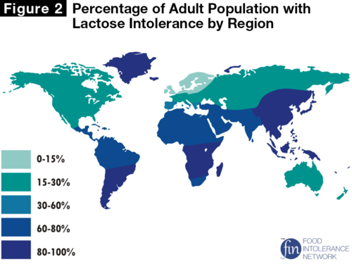 Darker shades indicate regions with higher rates of adult lactose intolerance.