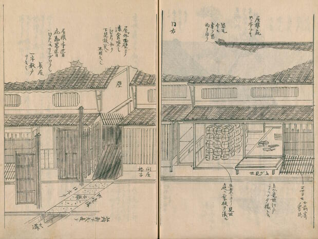 To the right of the sacks of rice piled up in a Kyoto store is a display table known as an agemise in front of the building, a feature of the city’s stores since the Muromachi period (1333–1568). It can be raised to close the front of the shop. The gate to the left leads through to traditional nagaya “long houses.”