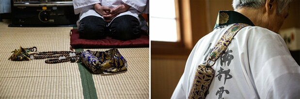 イラタカ数珠とオダイジ。数珠にはイノシシの牙やシカの角(悪魔よけ)、古銭(三途の川の渡し船賃)が付いている。オダイジは経文の一部を入れた竹筒で、悪霊よけに背中に掛ける ©Aya Watada