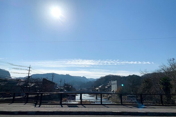 町を流れる東城川、川岸には桜並木