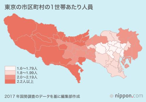人口過密で孤独な大都会東京：23区は単身世帯が過半数