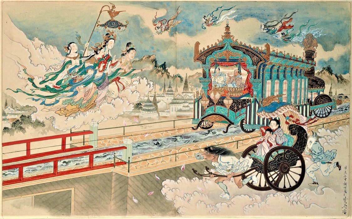 河鍋暁斎『地獄極楽めぐり図』より「極楽行きの汽車」1872年、静嘉堂文庫美術館　画像提供：静嘉堂文庫美術館／DNPartcom