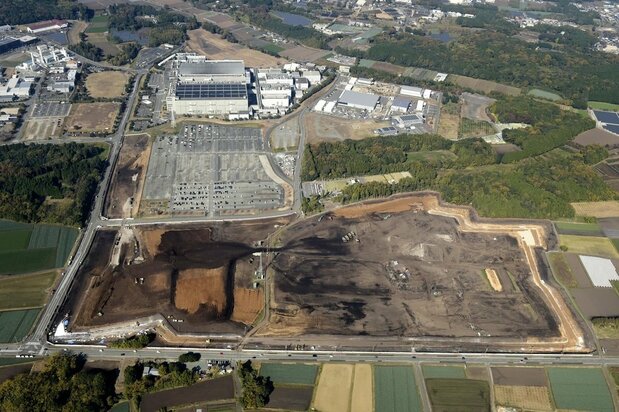 半導体世界大手のTSMCの工場建設予定地(手前)=熊本県菊陽町(共同通信社ヘリから)