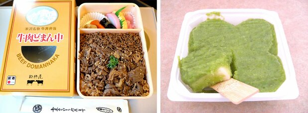 “DOMANNAKA牛肉饭”(左)和毛豆泥麻薯