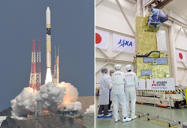 (左)公開された温室効果ガス観測技術衛星「いぶき2号」(時事) (右)温室効果ガス観測技術衛星「いぶき2号」などを搭載し、打ち上げられるH2Aロケット40号機。2018年10月29日(時事)