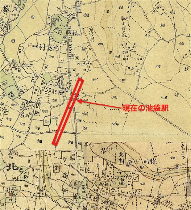 明治初期の池袋村。小さな□は民家。周囲は「畑」の文字ばかり。農業環境技術研究所「歴史的農業環境閲覧システム」より転載