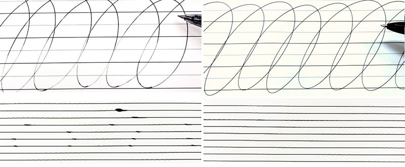 従来品（左）と「ユニボール シグノ 307」の描線（右）＝三菱鉛筆提供