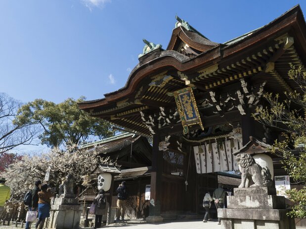 重要文化財の三光門に白梅がよく似合う