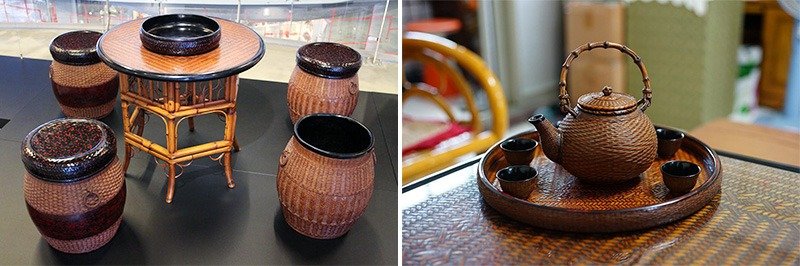 李栄烈が「籃胎漆器」の技法で制作したテーブルと椅子（左）、茶道具セット（右）（筆者撮影）