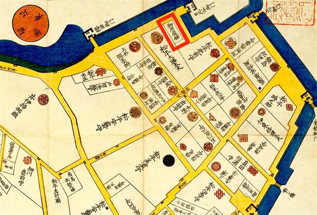 『江戸切絵図』の外桜田永田町。赤枠で囲んだ部分が桜田御用屋敷。落飾後の側室たちが住む屋敷だった。(国立国会図書館所蔵)