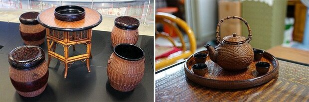 李栄烈が「籃胎漆器」の技法で制作したテーブルと椅子(左)、茶道具セット(右)(筆者撮影)