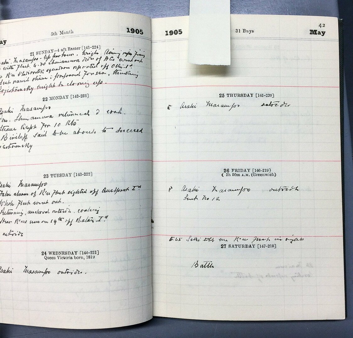 Page from William Pakenham’s diary, including the entry for the Battle of Tsushima, May 27, 1905. (Courtesy National Maritime Museum, Greenwich)