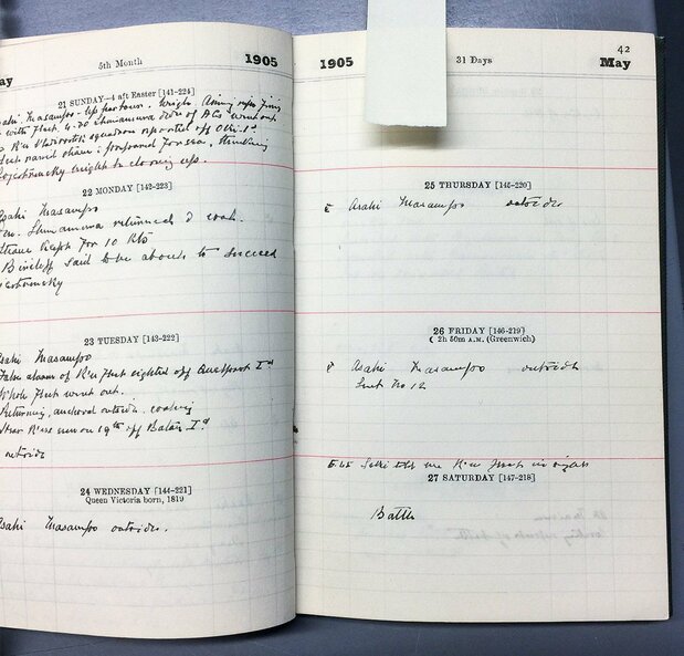Page from William Pakenham's diary, including the entry for the Battle of Tsushima, May 27, 1905. (Courtesy National Maritime Museum, Greenwich)