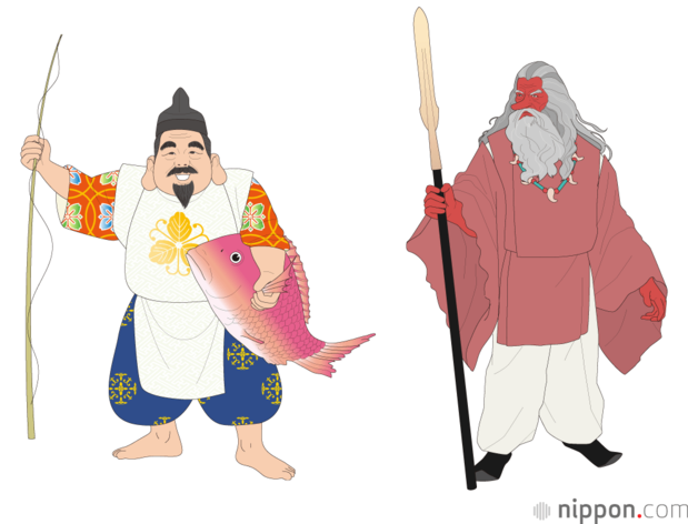 Ebisu with his fishing rod and sea bream, and Sarutahiko with his distinctive long nose. (© Satō Tadashi)