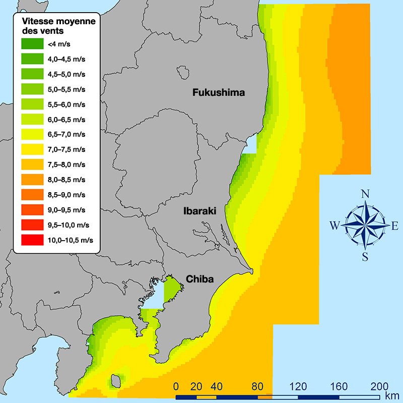 Carte de la vitesse moyenne annuelle des vents au large des préfectures de Fukushima, Ibaraki et Chiba (avec l’aimable permission du professeur Ishihara Takeshi, Université de Tokyo). Deux années de relevés sur le site d’un gisement de gaz naturel au large d’Iwaki (préfecture de Fukushima) ont permis d’établir la vitesse annuelle moyenne des vents : 4,3 m/s sur terre contre 7,4 m/s en mer, avec une pointe maximale mensuelle de 9 m/s.