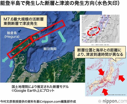 能登半島で発生した断層と津波の発生方向(水色矢印)