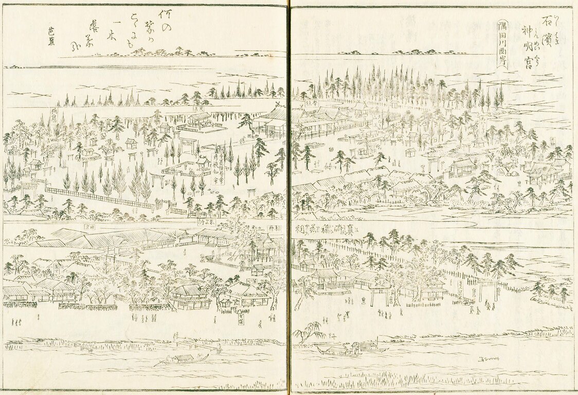 江戸名所図会7巻（国会図書館蔵）より。上半分が石浜神明宮で下半分が真崎稲荷である。いずれも広い境内に数多くの社殿が立ち並ぶ