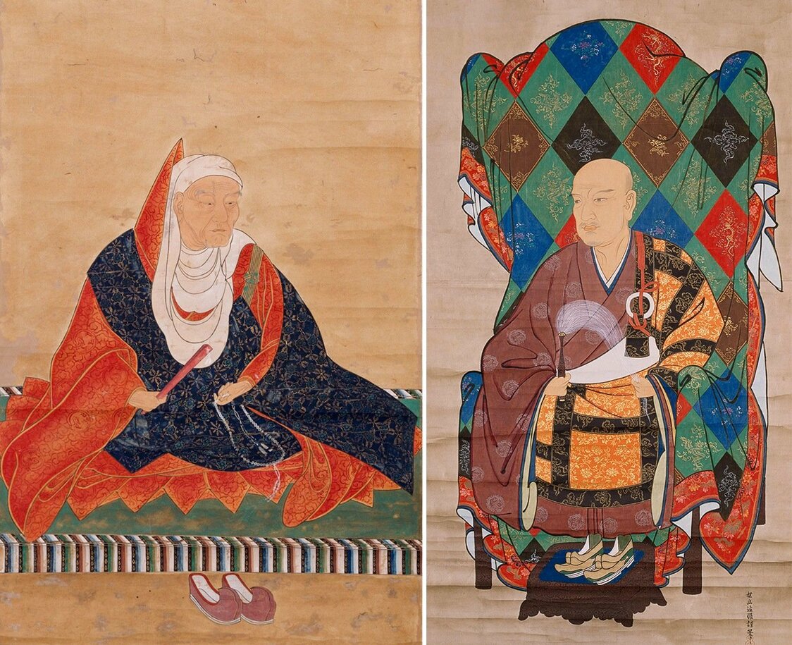 （左）天海（慈眼大師）、（右）以心崇伝（金地院崇伝）。ともに家康のブレーンとして、キリスト教の禁教に少なからぬ影響を及ぼした。（2点とも東京大学史料編纂所所蔵模写）