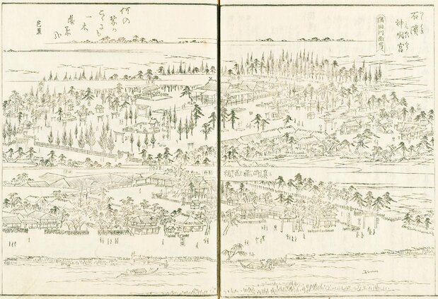江戸名所図会7巻（国会図書館蔵）より。上半分が石浜神明宮で下半分が真崎稲荷である。いずれも広い境内に数多くの社殿が立ち並ぶ