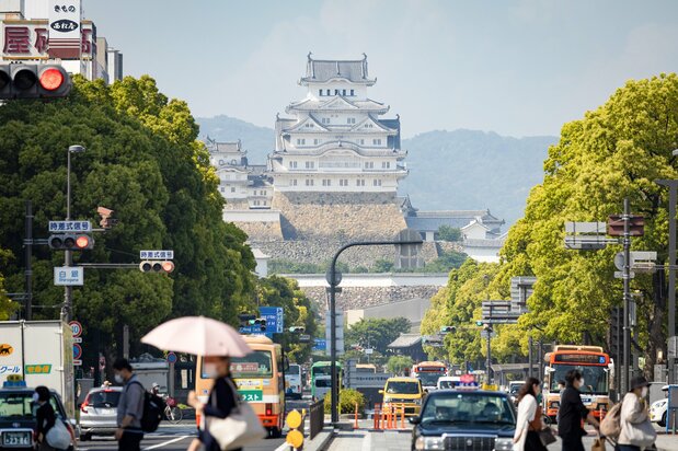 The daitenshu, the main donjon of Himeji Castle, as seen from Himeji Station.