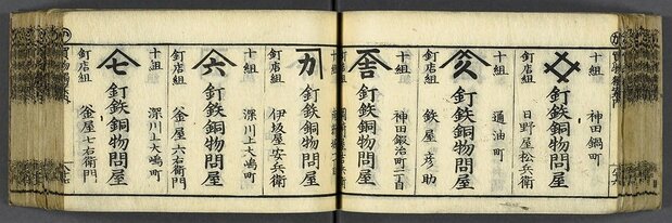 En la guía Edo kaimono hitori annai (“Guía de compras de Edo”), publicada en 1824, aparecen los nombres comerciales de mayoristas de clavos y artículos de hierro y cobre, establecidos en Kanda-Kajichō, el “barrio de los herreros”. (Imagen cortesía de la Colección de la Biblioteca Nacional de la Dieta)