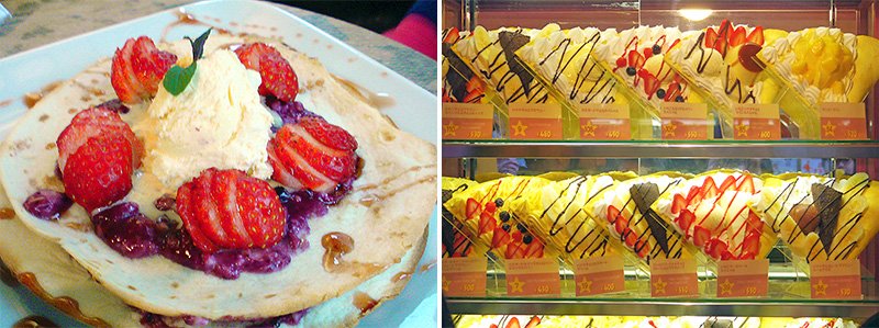 À gauche : une crêpe généreusement garnie (Photo : Kuma Hideki) et à droite : une vitrine d’un magasin de crêpe.