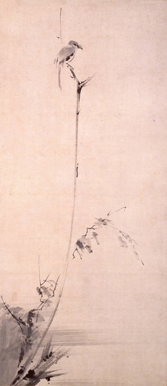 宮本武蔵の描いた水墨画「枯木鳴鵙図（こぼくめいげきず）」。重要文化財（和泉市久保惣記念美術館蔵）。『五輪書』の中で、武蔵は書画などの諸芸に関わることも兵法を鍛錬する手段であると述べている