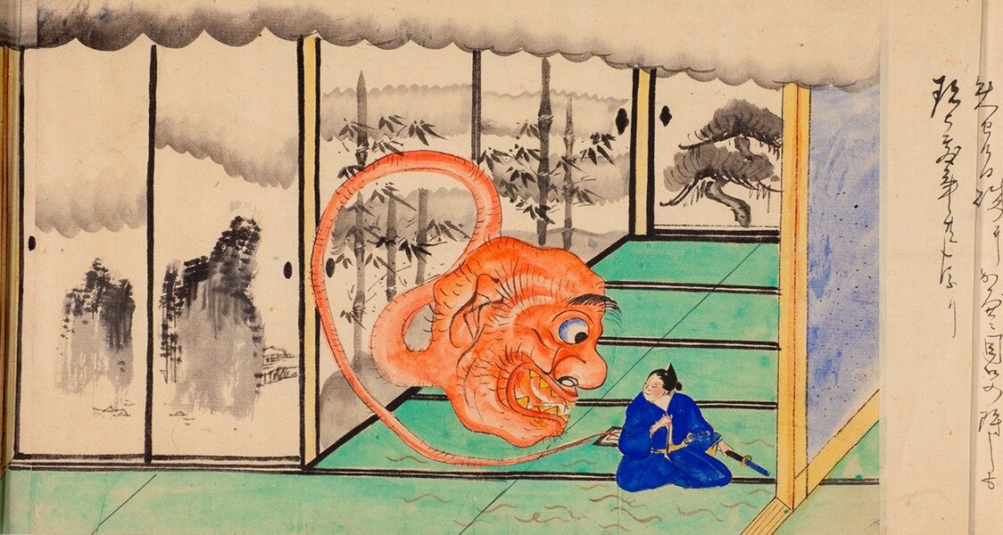 『百物語絵巻』（部分）／明治時代。明治以降も『稲生物怪録』はさまざまな作品のテーマになった。上の場面は７月30日に起きた怪異。座敷の炉から出現した灰の妖怪。座敷にはたくさんのミミズもはい出ている ＜提供：湯本豪一記念日本妖怪博物館（三次もののけミュージアム）蔵＞