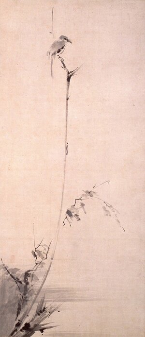 宮本武蔵の描いた水墨画「枯木鳴鵙図(こぼくめいげきず)」(和泉市久保惣記念美術館蔵)。『五輪書』の中で、武蔵は書画などの諸芸に関わることも兵法を鍛錬する手段であると述べている