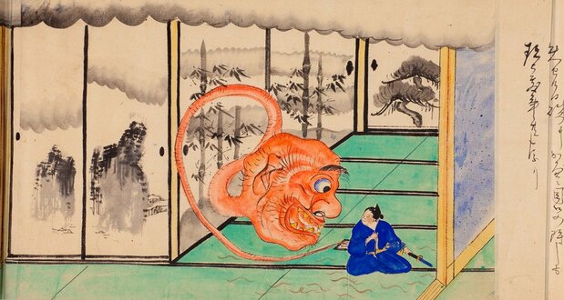 『百物語絵巻』(部分)/明治時代。明治以降も『稲生物怪録』はさまざまな作品のテーマになった。上の場面は7月30日に起きた怪異。座敷の炉から出現した灰の妖怪。座敷にはたくさんのミミズもはい出ている <提供:湯本豪一記念日本妖怪博物館(三次もののけミュージアム)蔵>