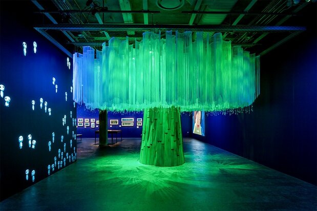 The centerpiece tree installation in the Magical Forest exhibit, featuring items from Princess Mononoke. (Photo by Joshua White/© Academy Museum Foundation)