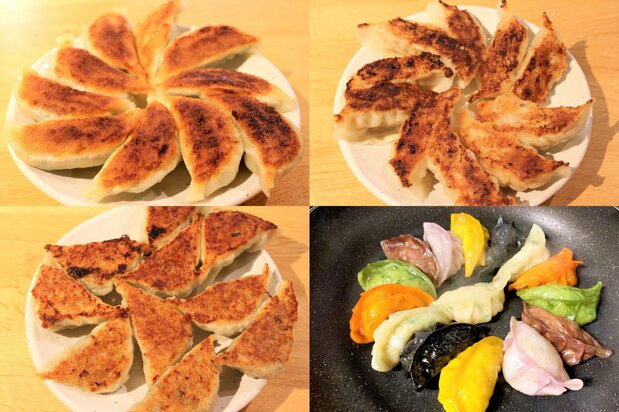 Miyazaki Prefecture’s gyōza offerings are full of diverse flavor. From the top left, clockwise, are dumplings from Kurobee (Miyazaki), Ryō Garden (Miyazaki), Juju (Takanabe), and Gyōza no Sato (Hyūga). (© Tsuneyoshi Hiroyuki)
