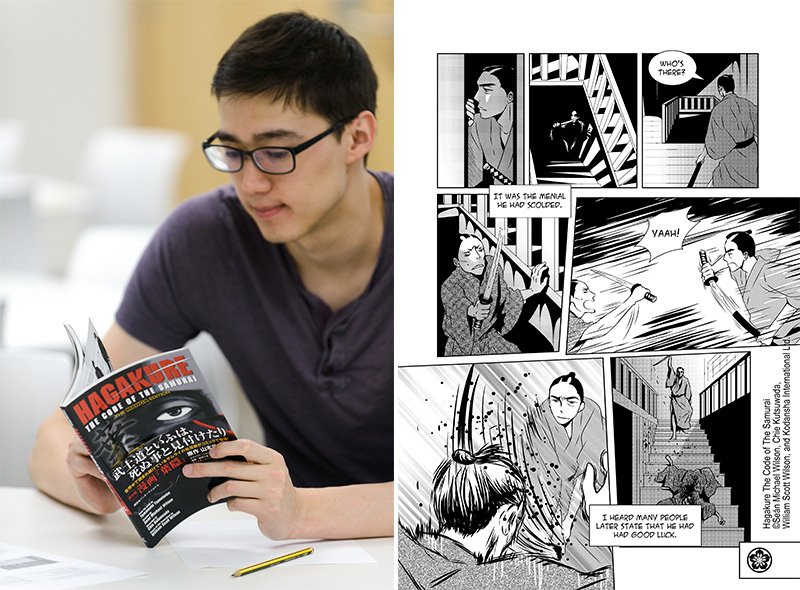 Un participante de un taller lee Hagakure: The Code of the Samurai (Hagakure: El código del samurái) de Kutsuwada, basado en el clásico de Yamamoto Tsunetomo (adaptado por Sean Michael Wilson y publicado por Kodansha USA).