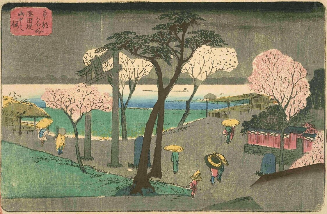 『東都名所 隅田堤雨中之桜』は天保期、歌川広重（1世）画。江戸庶民は上野の花見は窮屈で、飛鳥山は遠いと考えていたらしく、隅田堤（墨田区向島）は人気が高かったという。東京都立中央図書館特別文庫室