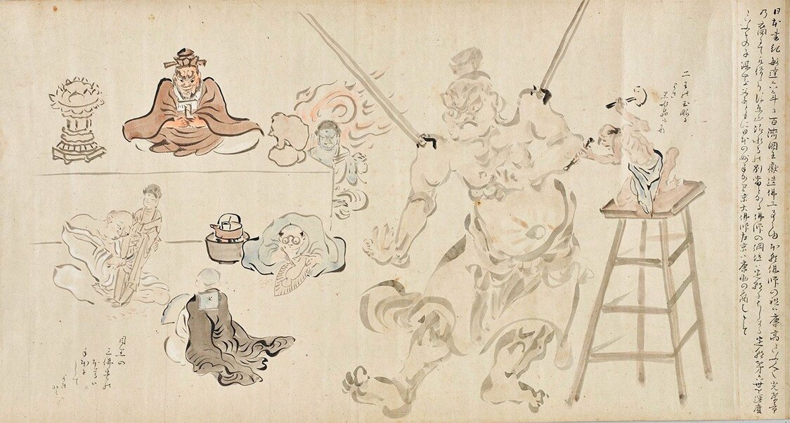 『近世職人尽絵詞』中巻、仏の彫刻を彫る仏師。文章は朋誠堂喜三二。出典 : ColBase