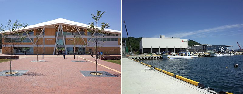 在旧车站被海啸冲毁四年后，JR女川站重新开业了（左）。用卡塔尔援助基金建成的多功能水产加工设施“Maskar”