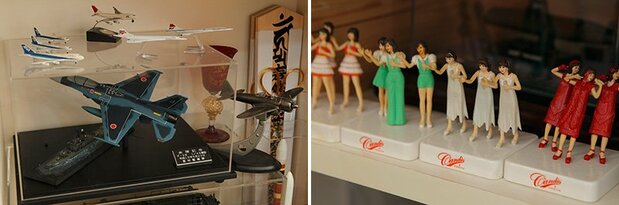 Des maquettes en plastique et des figurines du groupe Candies, disposées dans son bureau. Les photos ont été prises lors de notre interview en 2012. (© Nippon.com)
