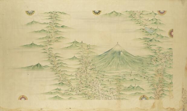 Une pan de la carte du Japon réalisée par Inô Tadataka : on peut y voir le mont Fuji et ses environs (échelle 1: 36 000). Il s’agit de l'une des 214 feuilles individuelles dessinées à la main qui composent la série (avec l’aimable autorisation de la Bibliothèque nationale de la Diète)