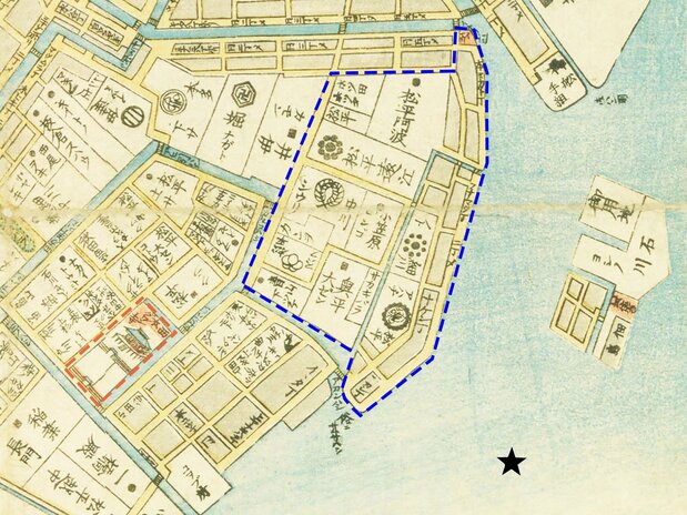 安政改正大江戸図(国会図書館蔵)の一部を切り抜いた。青の破線内が一般的に鉄砲洲と呼ばれた地域。築地門跡を朱色の破線で囲った。広重が描いた推定地を黒い星で示した。右の島は北部が石川島、南部が佃島