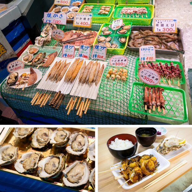 Вверху – жареные морепродукты, которые можно съесть в ходе прогулки по рынку; слева внизу – крупные устрицы из скал Майдзуру, которые тоже очень вкусны; справа внизу – можно купить только рис и суп мисо, а к ним выбрать собственный набор морепродуктов!