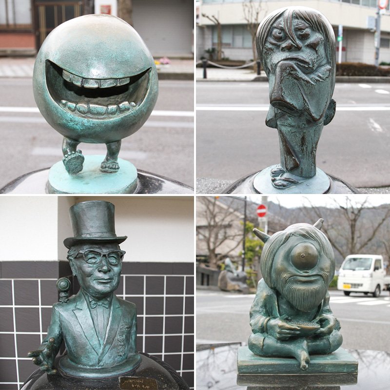 Estatuas de bronce (de arriba a abajo en el sentido de las agujas del reloj) de Betobeto-san, Sunakake-babā (la bruja de arena), Yagyō-san y Mizuki Shigeru con Medama-oyaji sobre su hombro.
