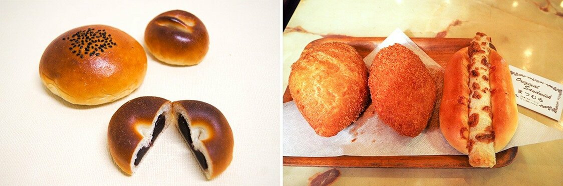 左＝木村屋のあんパン。トッピングやあんの種類もさまざまだ／右＝「ちくわドッグ」（右端）など、総菜パンの具材は日本ならではの発想に基づくものが多い