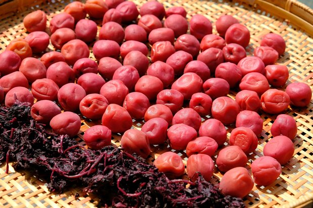 Маринованные сливы умэбоси с листьями акасисо (PIXTA)