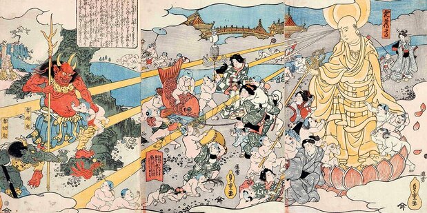 『賽の河原 地蔵尊』歌川国輝画は江戸後期の作。左に子どもたちをいじめる鬼、右にそれを救う地蔵菩薩が描かれる。東京都立中央図書館特別文庫室所蔵