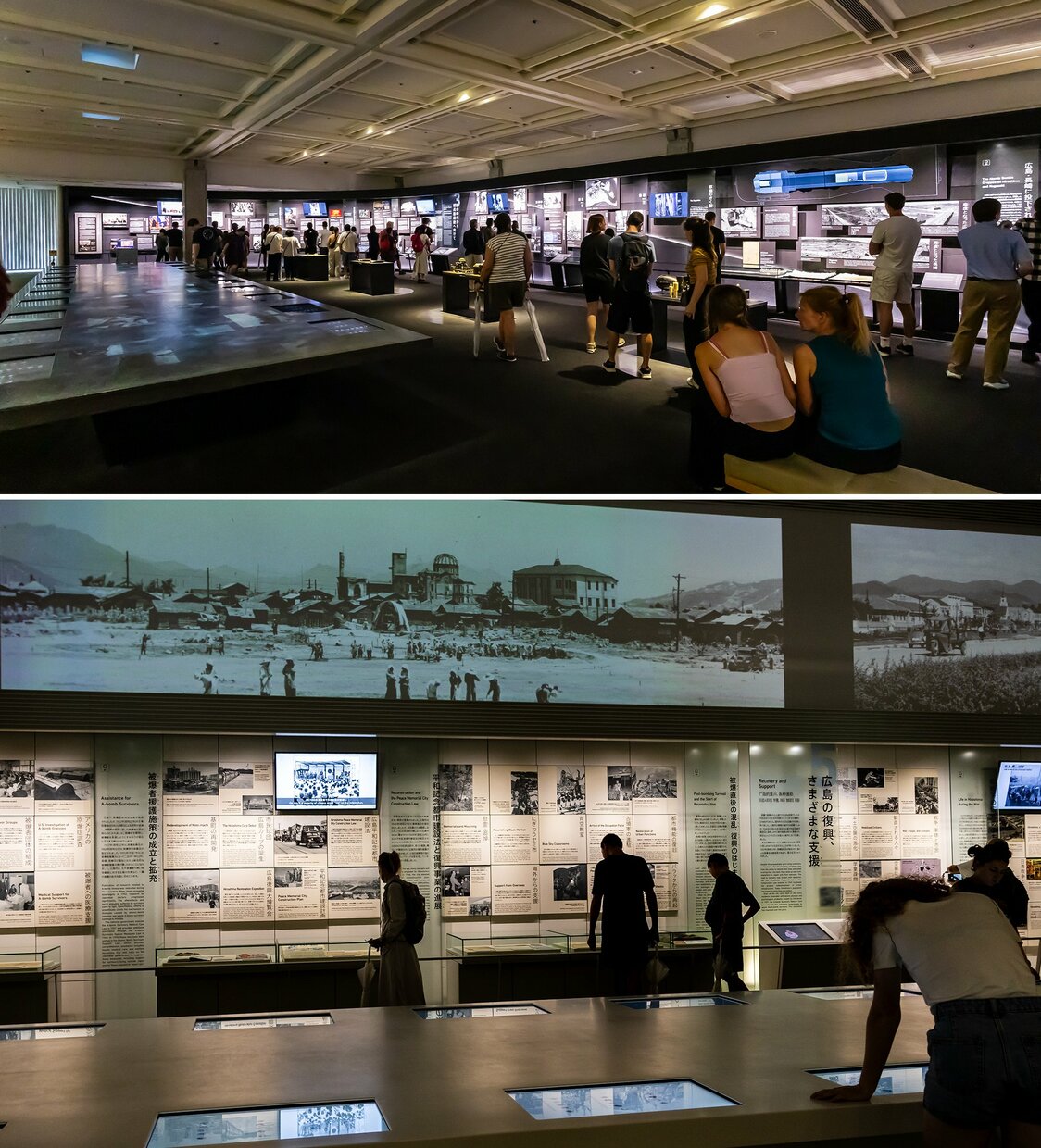 順路は「導入展示」から本館「被爆の実相」、「核兵器の危険性」（上）、「広島の歩み」（下）へと進む